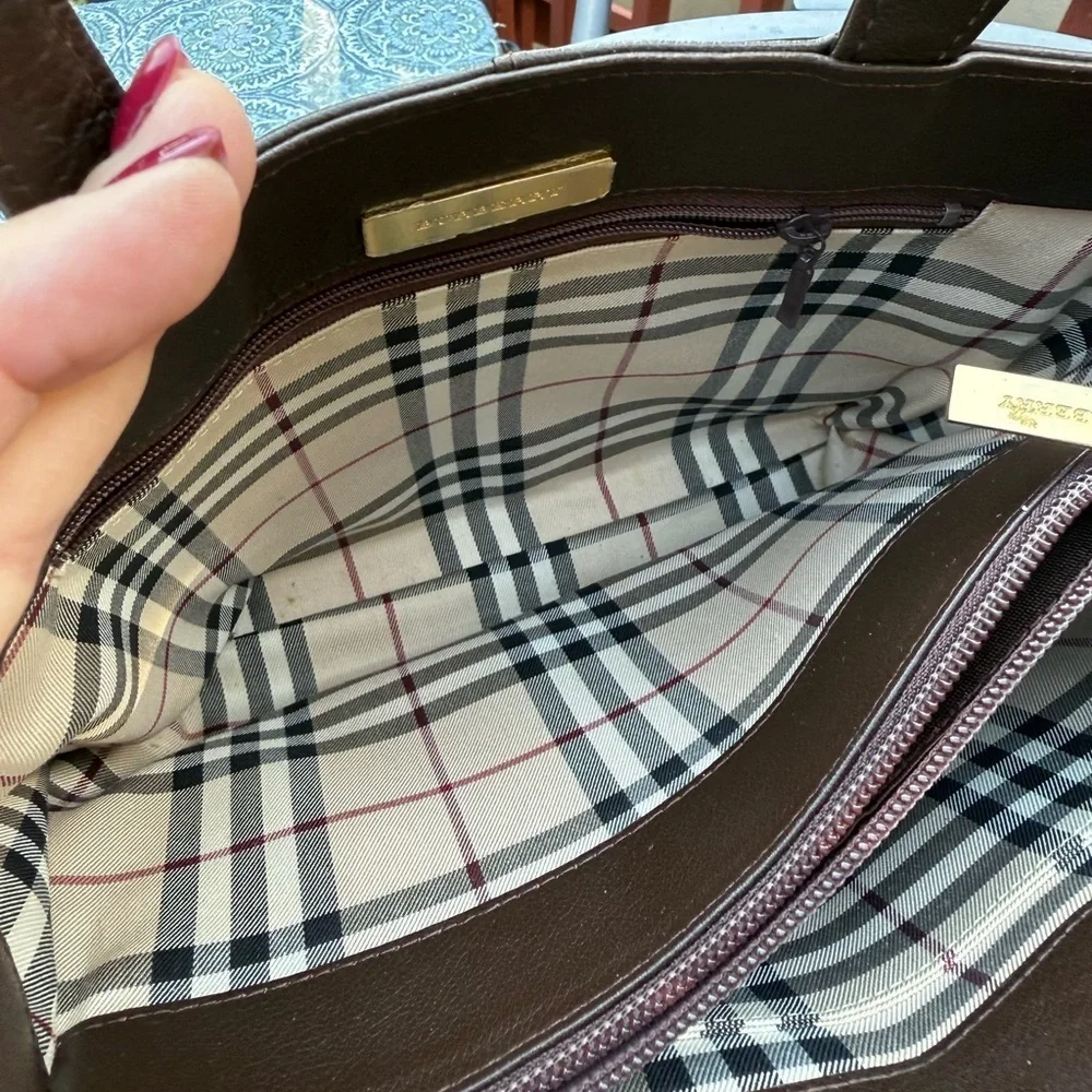 Burberry Brown Leather Tote Bag with Burberry Scarf and perfume.